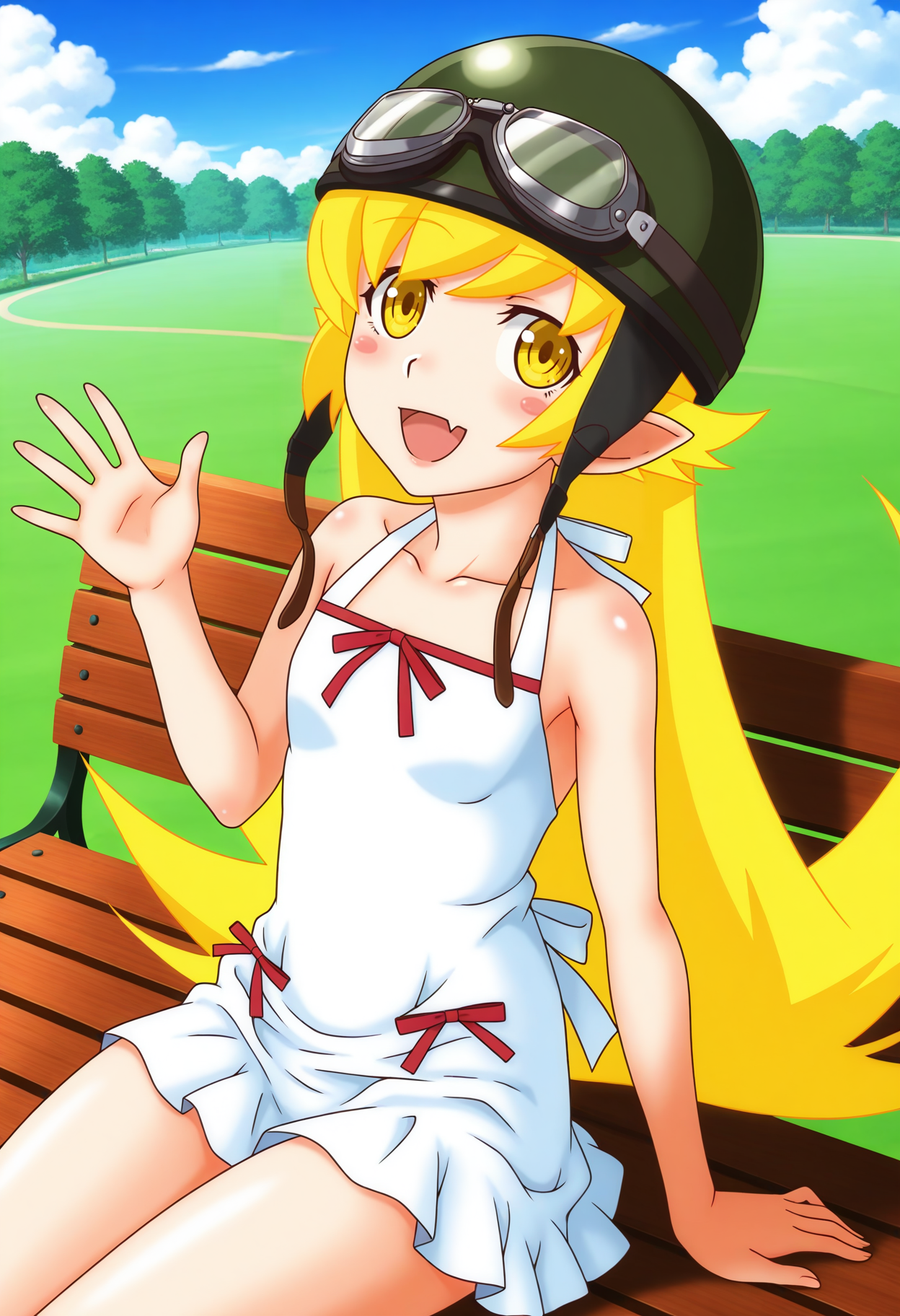 best hands, 5 fingers, perfect hand, <lora:KEN_shinobu_IL:1>, looking at viewer,
KEN_shinobu, KENmaru7_style, oshino shinobu, 1girl, solo, blonde very long hair, yellow eyes, fang, pointy ears, small breasts,  
park bench, outdoors, sitting, cowboy shot, 
dress, bare shoulders, yellow eyes, fang, black helmet, goggles on helmet, 
BREAK outdoors, park bench, sky, day, cloud,