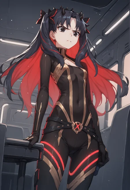 1girl, long hair, multicolored hair, twintails, two-tone hair, black hair, red hair, hair bow, two side up, black eyes, horns, black bodysuit, clothing cutout, crossed belts, disgust, indoors, spacecraft interior, red lights, disgust <lora:Ishtarin:1>, score_9, score_8_up, score_7_up, score_6_up, score_5_up, score_4_up, BREAK source_anime, masterpiece
