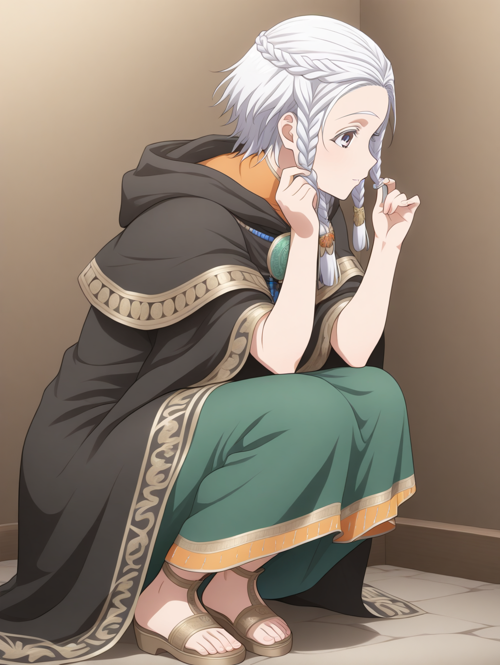 perfect quality,best quality,absolutely eye-catching,ambient occlusion,raytracing BREAK
1girl,<lora:amina IL v1.1:0.8>,amina,braid,white hair,black cloak,dress,sandals,national costume,, from_outside,profile,leaning_to_the_side,hair_twirling,shou,squatting,_open_legs,