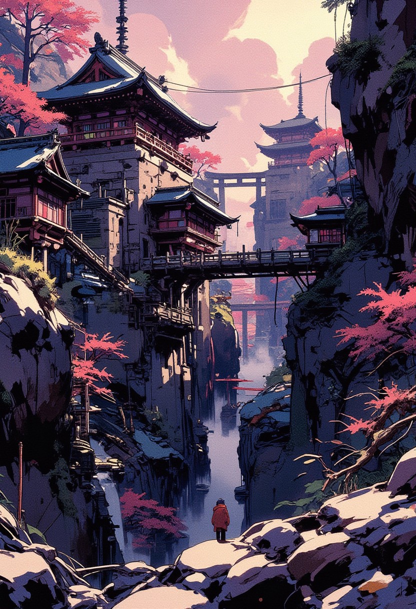 Mh1$AgThS2, intricate linework with expressive contrasts, soft lighting with dynamic highlights, A digital artwork in the style of cknc, image of a shinto shrine set high in the mountains, with a long staircase leading up with several tori gates overarching the staircase, with a faint mist settling in the ravine behind, rocky, woodland, sunset