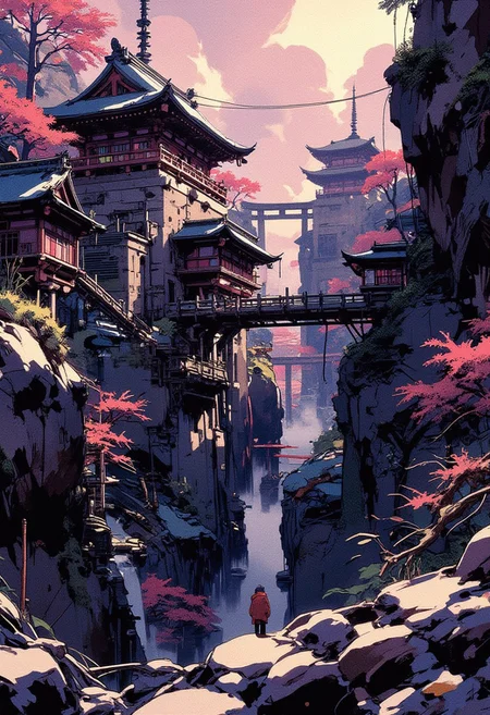 Mh1$AgThS2, intricate linework with expressive contrasts, soft lighting with dynamic highlights, A digital artwork in the style of cknc, image of a shinto shrine set high in the mountains, with a long staircase leading up with several tori gates overarching the staircase, with a faint mist settling in the ravine behind, rocky, woodland, sunset