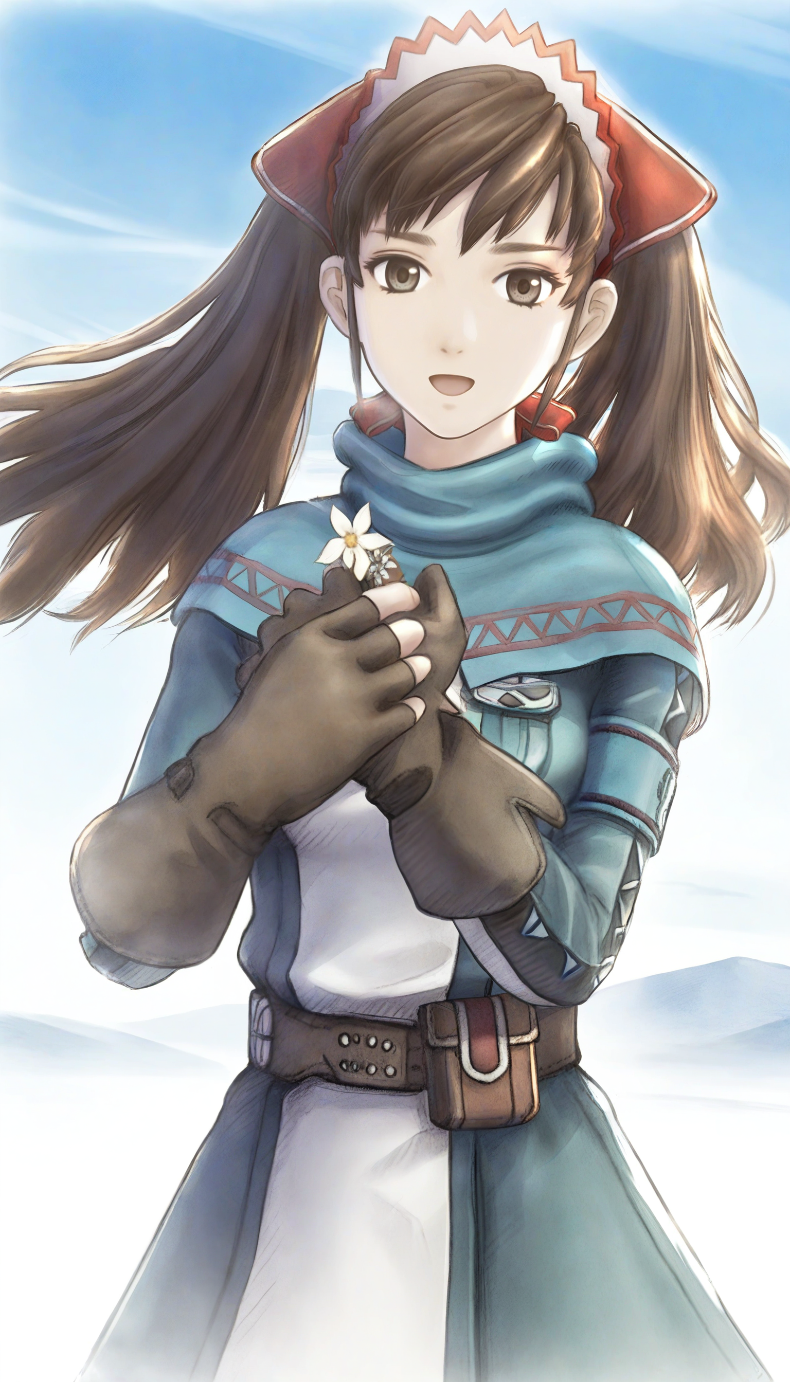 masterpiece,best quality,amazing quality,
<lora:aliciamelchiottNAI:1>,aliciamelchiott,
1girl,solo,brown hair,twintails,bangs,brown eyes,headdress,cyan shawl,cyan and white dress,brown belt,
brown fingerless gloves,
cyan thighhighs,
upper body,looking at viewer,facing aside,open smile,left hand holding flower,right hand on chest,flowing hair,outdoors,blue sky,fog,winter,soft lighting,mist,
