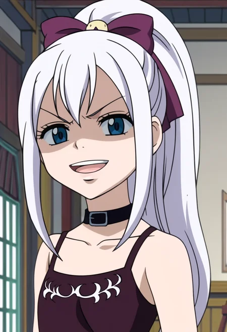 source_anime,anime screencap, anime coloring,intricate details,rating_safe, masterpiece, best quality,
(best quality, absurd res, ultra detailed),,(4 finger:0.5),1girl, ((solo)), good eyes,perfect eyes,,detailed eyes, zPDXLxxx , zPDXL3, OverallDetail,detailed, detailed face
BREAK
solo,indoors,standing,front view, upper body,
mj, 1girl, flat chest, blue eyes, long hair, white hair, ponytail, choker, collarbone, bare shoulders, tank top, crop top,
open mouth, smirk, looking at viewer,shaded face,
, <lora:add-detail-xl:2>   <lora:mirajane:1>