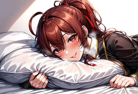(best quality), (masterpiece), (extremely detailed), (finely detailed), (beautiful detailed, detailed face, beautiful detailed eyes, beautiful detailed shading), (realistic:0.7), (high res:0.9), (lineart:0.8), (heavy lines, sketch:0.9), (intricate:0.7), (glossy skin:1.3), (eye lashes:0.5), detailed_art_style, (sharp focus:0.7), beautiful and clear scenery, (soft colors:1.2), (anime style:1.2), (1girl), (blush:1.2), (beautiful detailed eyes:1.2), (red eyes:1.3), (auburn hair, ponytail, ahoge, hair between eyes, hair ribbon, red ribbon:1.2), (bright eyes, multicolored eyes), (large breasts:1.2), collarbone, (long sleeve school uniform with black cuffs, pleated skirt, black skirt, black cape, shirt:1.2), (seductive smile, heavy breathing, bedroom eyes, lying on side, on bed, bed sheet, pillow, face on pillow, sweaty:1.3), (face focus, intimate close up, bust portrait, looking at viewer, side angle, after sex),
