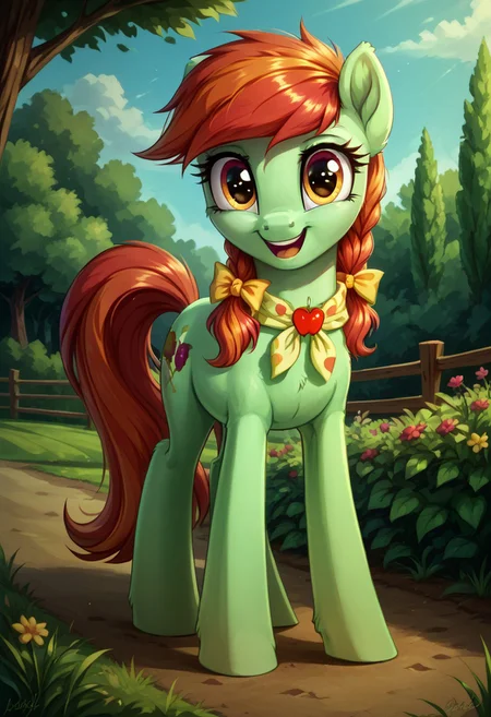 safe_pos, safe_pos, score_9, score_8_up, score_7_up, score_6_up,
Candy Apples, the earth pony's body is green, its hair and tail are pearly pink, two pigtails are tied in yellow bows, and its eyes are dark orange, female
realistic illustration, dramatic angle, outside, garden, (day), 1girl, solo, pony, my little pony, body, shiny skin, looking at you, happy playful, cheerful dramatic solo