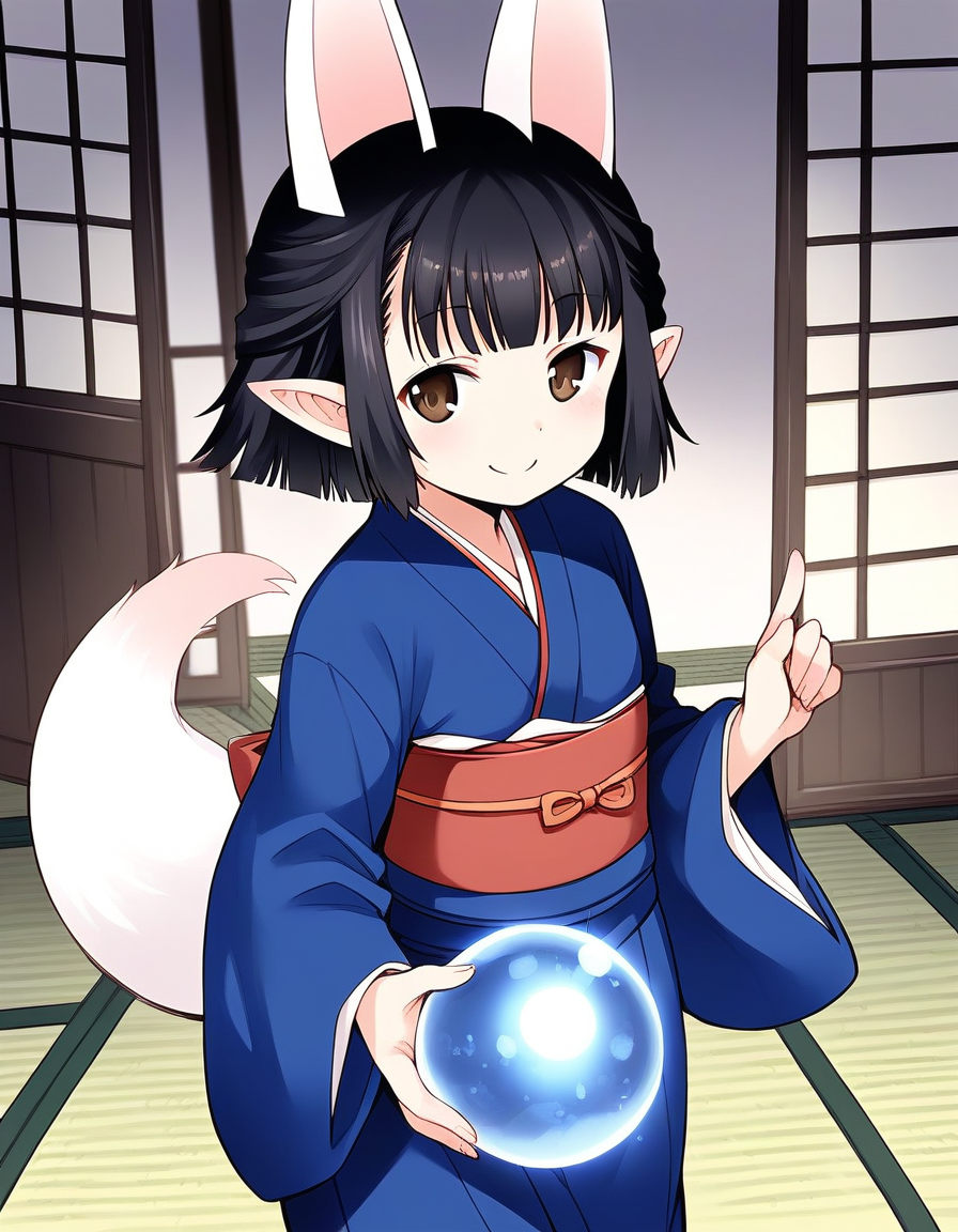 score_9, score_8_up, score_7_up, source_anime, rating_explicit, BREAK  <lora:Hasaha_Ver2.0_XL:1> Hasaha, animal ears, black hair, brown eyes, pointy ears, short hair, white tail, short stack,
japanese clothes, blue kimono, crystal ball,  sash, obi,  orb,
Japanroom, tatami,
smile,
looking at viewer, 
cowboy_Shot,