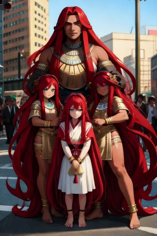 (masterpiece, best quality:1.5), (ultra realistic:1.5), (high detailed skin:1.1), 8k uhd, very high quality, (extremely detailed face:1.5), (very muscular:1.5), (mother and her identical quadruplet girls:1.5), (5girls:1.5), (insanely dark skin:1.5), (extremely dark-skinned Egyptian-Japanese woman and 4 identical girls:1.5), (smile:1.5), (full body:1.5), (intricate golden bracelets and anklets:1.5), (barefoot:1.5), (amazingly bright blue eyes:1.5), (absurdly long ruby red hair:1.5), (super long ruby red hair:1.5), (city background:1.5)