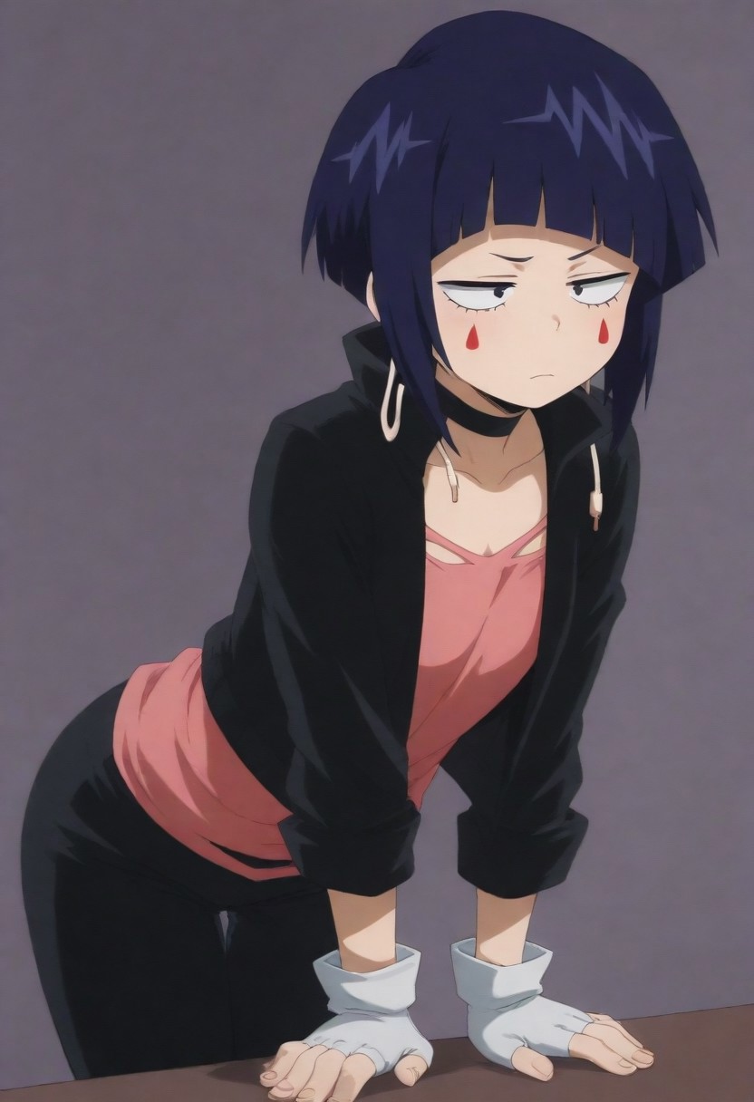 masterpiece, best quality, amazing quality,,, shiny skin,,,,,, <lora:IlluJirou:1> illujiro, short hair, bangs, long earlobes, purple hair, black hair, black eyes, facial mark, black jacket, collarbone, choker, white gloves, fingerless gloves, pants, pink shirt,