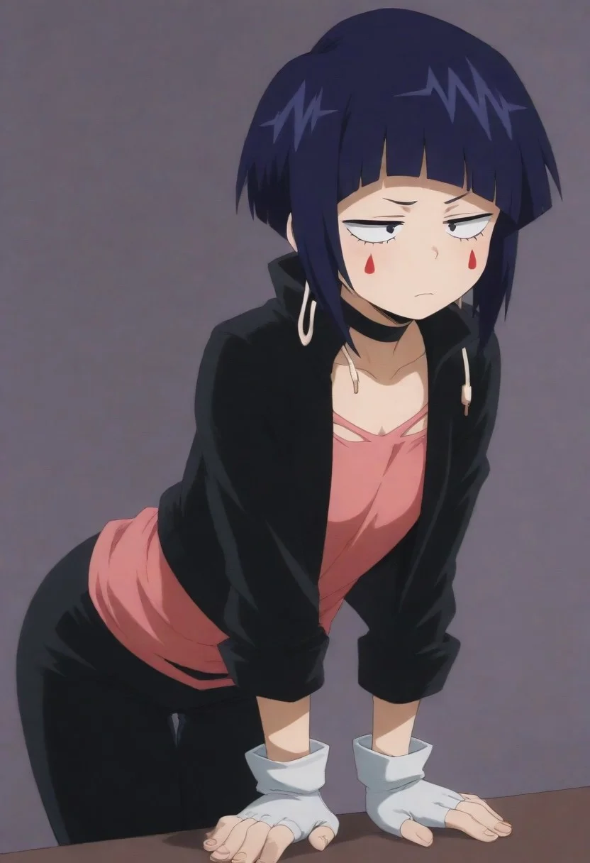 masterpiece, best quality, amazing quality,,, shiny skin,,,,,, <lora:IlluJirou:1> illujiro, short hair, bangs, long earlobes, purple hair, black hair, black eyes, facial mark, black jacket, collarbone, choker, white gloves, fingerless gloves, pants, pink shirt,