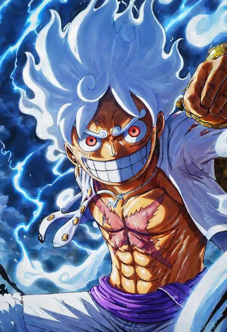 2D a 1Luffy gear 5 in Wano, (best quality, masterpiece, detailed, highly detailed face) ,(high definition face:1.0),(detailed eyes:1.0) 8k,(Smilex5), (solo), amazing perspective, profesional composition ,