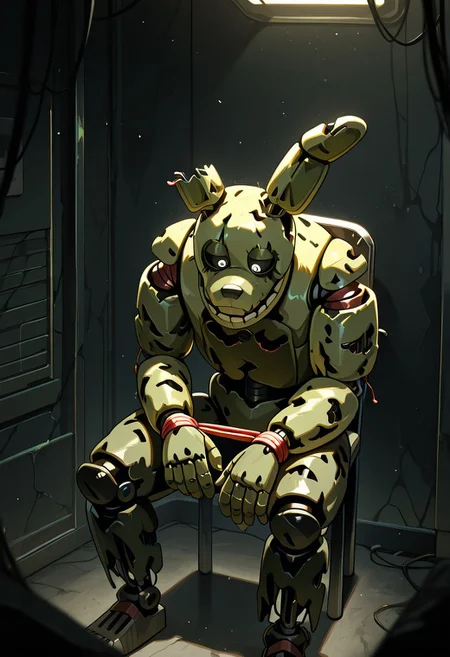 masterpiece, best quality, amazing quality, very aesthetic, absurdres, newest, detailed background, foreground blur, (( cinematic )),
springtrap, no humans, robot, animal ears, teeth, damaged, mechanical parts, joints, circular head, round head, glowing white pupils, dark green eyelids, black sclera,
simple black background, tied up to chair, leaning forward, unconscious, interrogation room,