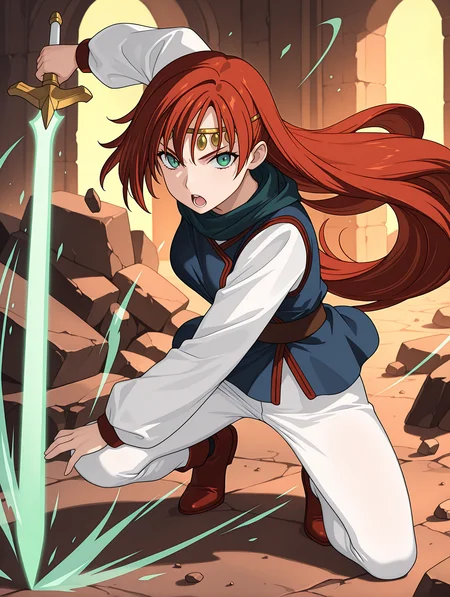 masterpiece,best quality,newest,1girl,solo,fantasy,metallic luster,
<lora:elenoa_ilxl_v3.1:1>,elenoa,e_circlet,e_02clothes,red hair,very long hair,green eyes,long_sleeves,white sleeves,blue clothes,white pants,red shoes,holding sword,e_sword,
<lora:Fixhands_anime_bdsqlsz_V1:1>,
the ruins that have collapsed,rubble,serious,open mouth,looking at viewer,motion_blur,motion line,speed_lines,sound effects,fighting_stance,full body,one knee,magic,glitter,aura,energy sword,