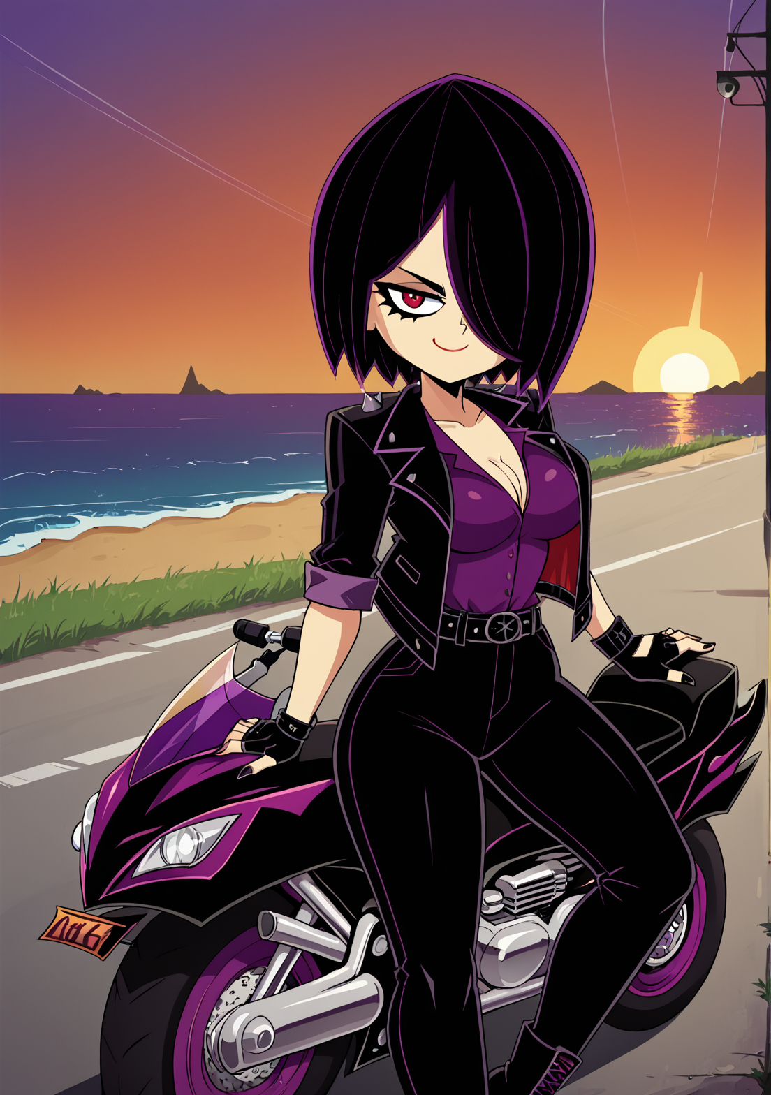 score_9, score_8_up, score_7_up, source_anime,  Zoeaves, Zoeavespony,  black hair(purple highlights), black pants, purple shirt, cleavage, sleeveless black jacket, belt, belt buckle, hair over one eye, short hair, red eyes, mascara, smiling, smug, fingerless gloves, black nails, goth, tall, medium breasts, thighs, motorcycle, riding, sitting on motorcycle, engine flare, pedal, ocean, road, sunset, speed lines, scenery, grinning <lora:Zoe_AvesEl_Tigre:0.8>