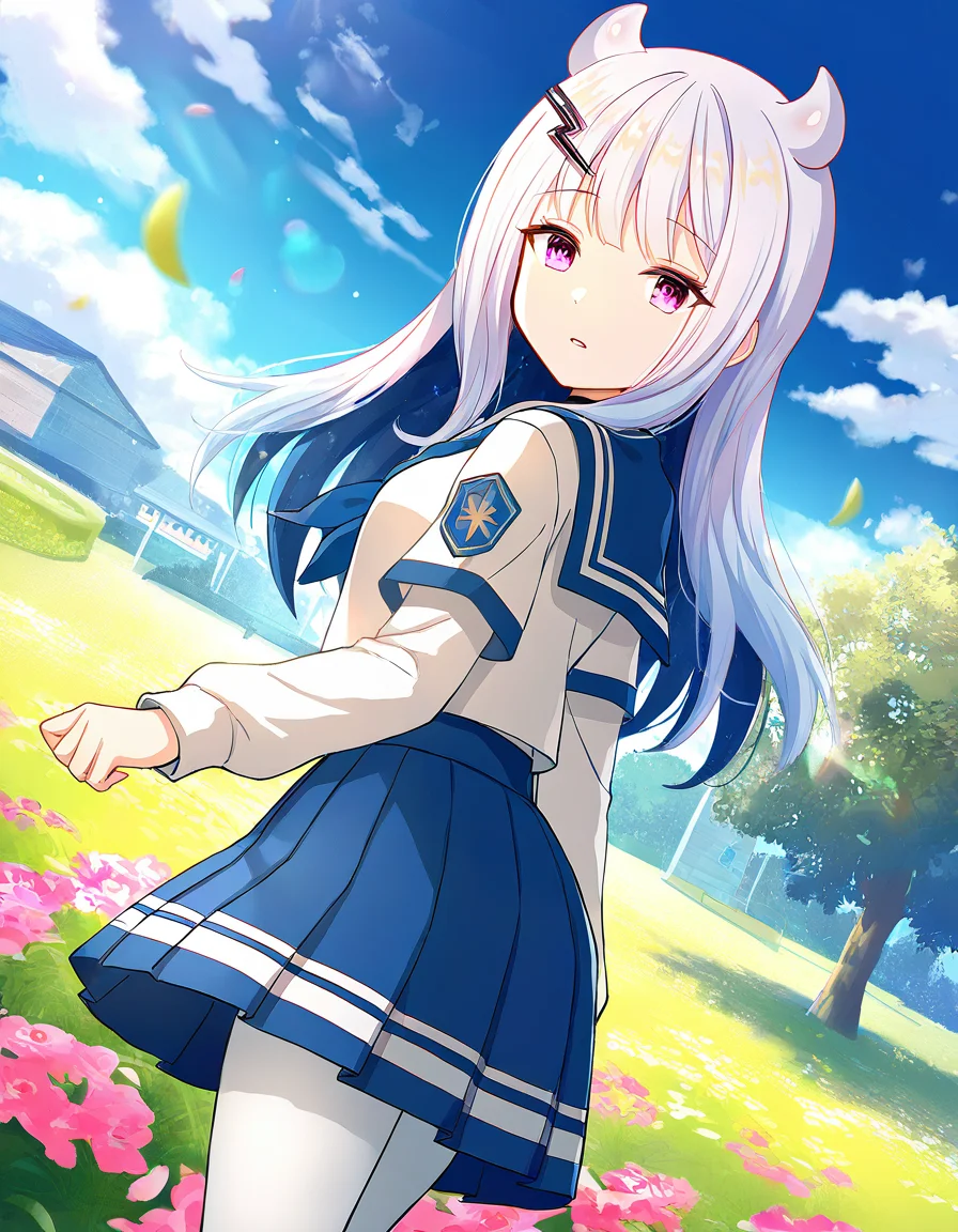 masterpiece, best quality, newest, absurdres, highres, safe, 1girl, hiiragi sakurako \(school uniform\), magia record: mahou shoujo madoka magica gaiden, white pantyhose, outdoors, dutch angle, <lora:eternal_sakura_noobaiXLNAIXL_vPred10Version:0.7>