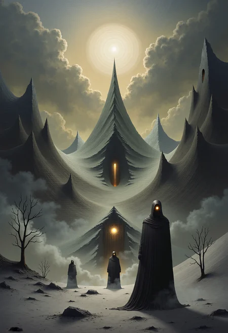 0n1r1c, Create this dramatic impasto artwork that decipts the three Norse Norns from the Völuspá poem of the Edda, stand on a vast, frozen ice field. 
The sky is overcast with dark, brooding clouds, and the low-hanging sun casts an eerie, mystical glow over the scene. 
The Norns wear long, heavy garments reminiscent of medieval Norse attire, and their faces are shrouded in mystery, adding to their enigmatic presence. 
The atmosphere is calm, silent, and timeless, emphasizing the Norns' mystical nature as the weavers of fate. Surrounding them are ancient, withered trees and a distant silhouette of a rugged mountain range, further enhancing the otherworldly setting.
This dystopian, post-apocalyptic-style painting features a monochromatic scheme, primarily with shades of black, gray, and white.