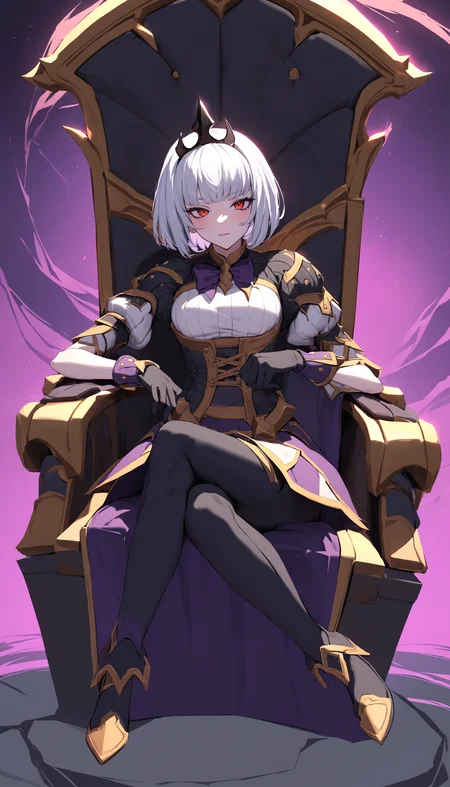 newest, 1girl, solo, Orphea, tiara, red eyes, gown, black gloves, leggings, golden boots, purple bow,sitting on throne, legs crossed  <lora:orpheaFIn:1>