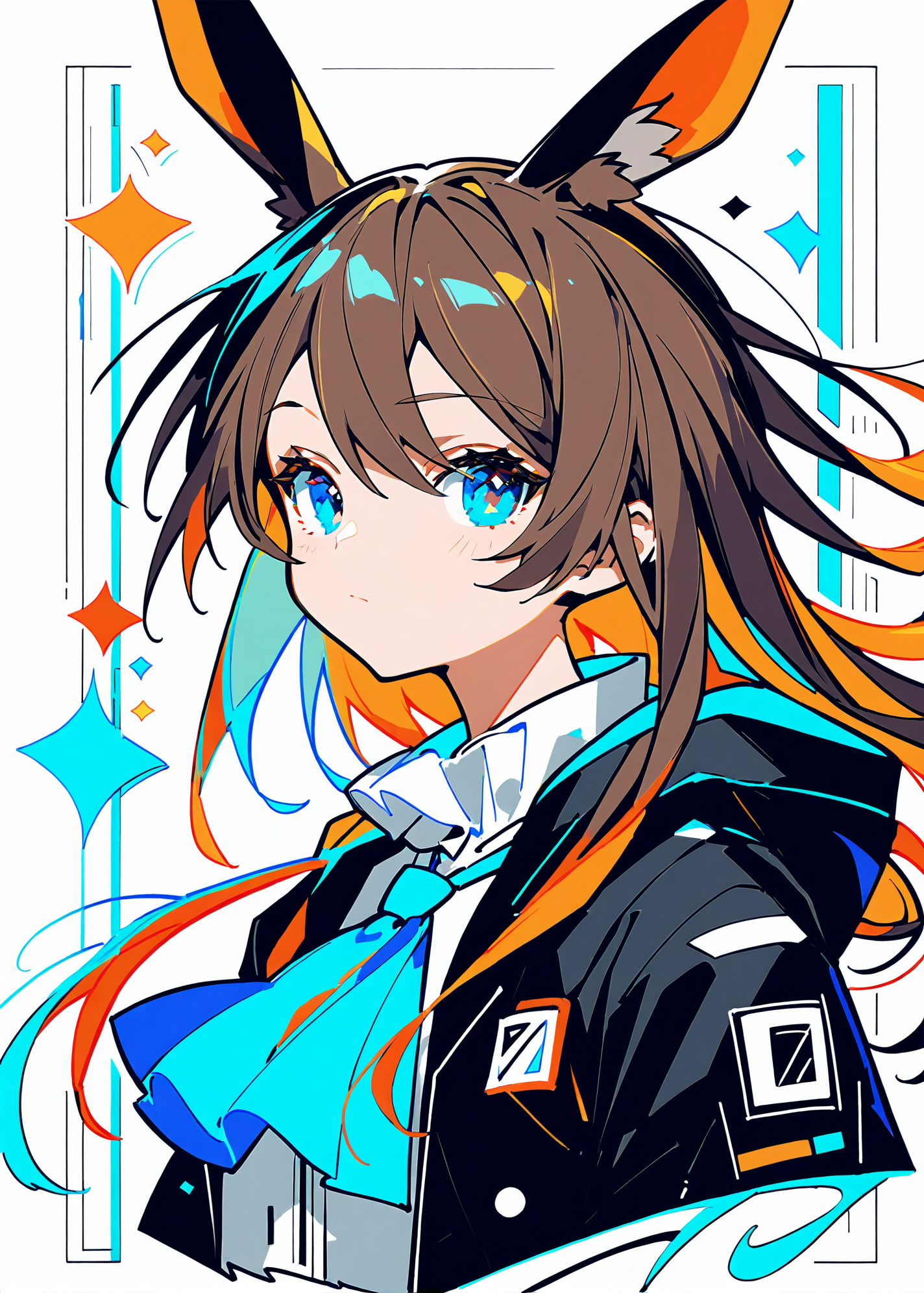 (score_9,score_8_up,score_7_up),
<lora:GIAST STYLE_tpony:0.8>,
,(giast:1.7),(colorful:1.3),(white background:1.2),,flat color, limited palette, low contrast,multicolored hair, multicolored background, 
1girl,amiya \(arknights\), solo, brown hair, animal ears, blue eyes, rabbit ears, long hair, white background, jacket, simple background, looking at viewer, upper body, ascot, hair between eyes, open clothes, black jacket, eyebrows visible through hair, bangs, hood, open jacket, closed mouth, blue neckwear, shirt, sidelocks, character name, hooded jacket