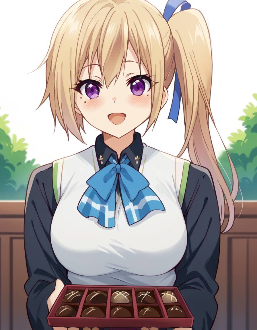 score_9, score_8_up, score_7_up, source_anime, <lora:mai-kawakami-s1-ponyxl-lora-nochekaiser:1>, mai kawakami, blonde hair, hair ribbon, long hair, mole, mole under eye, ribbon, side ponytail, purple eyes, large breasts, <lora:incoming-chocolate-ponyxl-lora-nochekaiser:1> incoming food, chocolate, holding, holding chocolate, holding food, food, looking at viewer, open mouth, blush, smile, school uniform,, ,