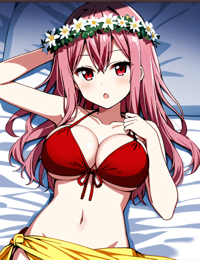 character: Mizuki (ç¾æ), 1girl, solo, lying on bed, long hair, pink hair, large breasts, flower, red eyes, white head wreath, :o, yellow sarong, cleavage, navel, collarbone, red bikini, front-tie bikini top,<lora:Mizuki (ç¾æ) v5 (æ­£ååå¾ç¿»è½¬)-000015:1>