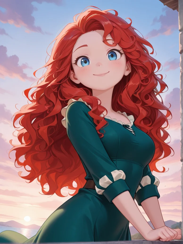 masterpiece, best quality, amazing quality, very aesthetic, absurdres, newest, detailed background, outdoors, dynamic angle, cowboy shot, 4k,8k
meridaxd, 1girl, solo, long hair, red hair, blue eyes, smile, cute pose, green dress, curly hair, looking at viewer, medium breasts,
<lora:Merida_-_Disney_Illustrious:1>