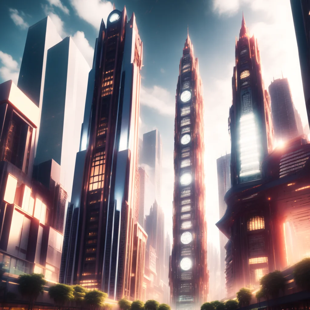 (coralcity style:1) clock tower in the middle of a futuristic city with a lot of tall buildings, a very tall building with a lot of lights on it, lots of plants growing on it's sides <lora:djzCoralCityV21:0.8>