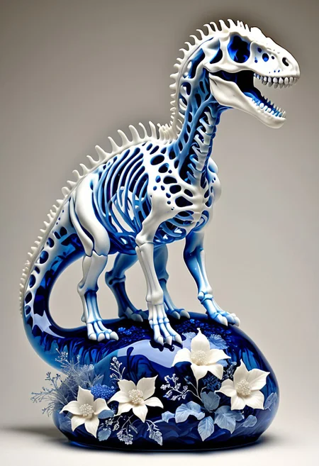 Porcelain sculpture,dinosaur skeleton,,bones, skeleton,small dinosaur ,Bluepatternporcelain ,blue fluid,gems,dried flowers,hyperrealistic,see-through