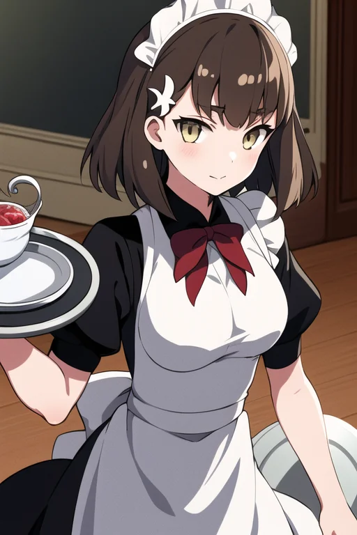 hajime, 1girl, maid uniform, frills, mansion, tray, short hair, brown hair, hair ornament,