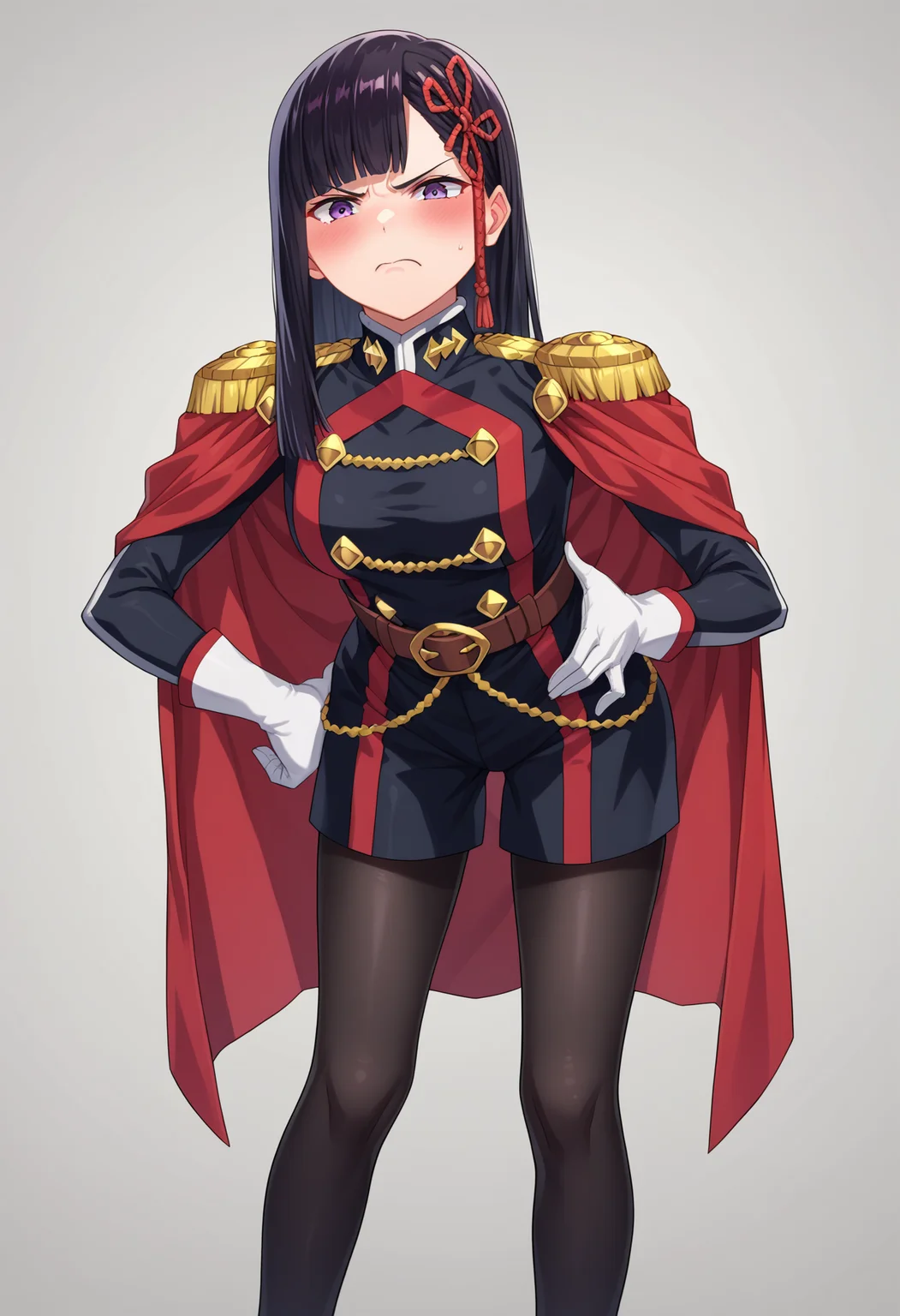 score_9, score_8_up, score_7_up, source_anime, rating_explicit,
BREAK
1girl, solo,
<lora:shiRenYamishiroAnimeV1:1>,
shirenyamashiro, mangastyle, monochrome, greyscale,
long hair, black hair, purple eyes, blunt bangs,
military uniform, long sleeves, white gloves, red cape, belt, epaulettes, high heel boots,
black pantyhose,
looking at viewer, angry, closed mouth, v-shaped eyebrows, blush, hand on own hip, leaning forward, bent over,
