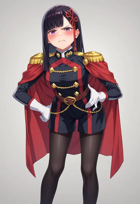 score_9, score_8_up, score_7_up, source_anime, rating_explicit,
BREAK
1girl, solo,
<lora:shiRenYamishiroAnimeV1:1>,
shirenyamashiro, mangastyle, monochrome, greyscale,
long hair, black hair, purple eyes, blunt bangs,
military uniform, long sleeves, white gloves, red cape, belt, epaulettes, high heel boots,
black pantyhose,
looking at viewer, angry, closed mouth, v-shaped eyebrows, blush, hand on own hip, leaning forward, bent over,