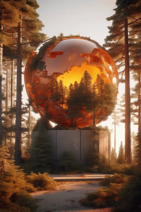 <lora:Filip Hodas Style:1>Filip Hodas Style - hyper-detailed, hyper-realistic, land, sun, amber, apshalt detailing, concrete enclosure around the sphere, forest, bunch of pine trees and greenery