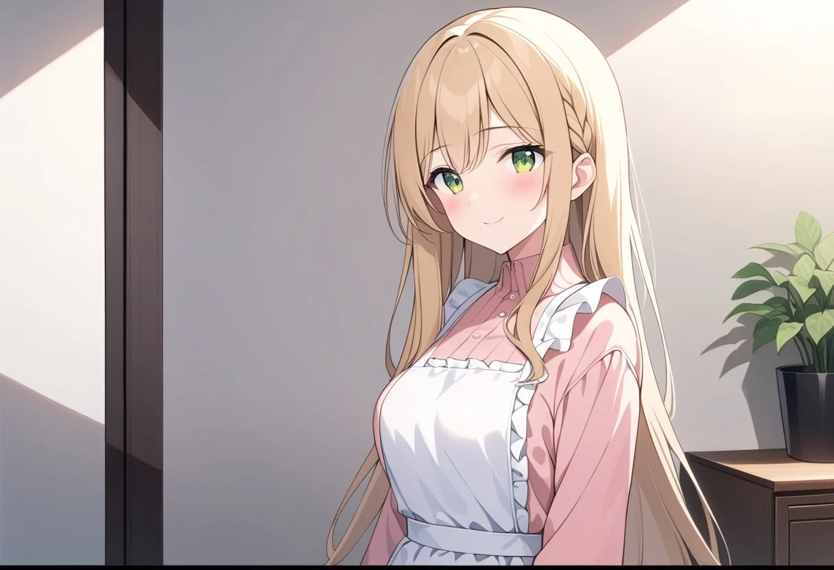 (extremely detailed CG unity 4k wallpaper),(masterpiece),(best quality),(ultra-detailed),(best illustration),(best shadow),(absurdres),(detailed background), (high res image), (High image quality),(Looking at the front),(looking at the audience),(Upper Body),
(Pink shirt,),She's wearing a white frilly apron,
1girl, solo,
Blush, smile,
long hair, Large breasts,
Braided long hair, blonde, Green eyes,
evening,
I peer at him from the living room.