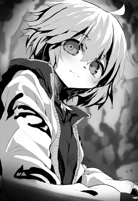 masterpiece, hyper detailed, best quality,(furry:1.3),solo, 1girl, monochrome, spot color, short hair, abstract, greyscale ,<lora:DAGASIXLlokr8f-000188:0.95>