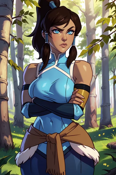 (head fully in frame:1.3), (crossed arms:1.4), (beautiful face:1.5), (cowboy shot:1.3), looking to the side, beautiful eyes, curvy, (large breasts:1.3), (wide hips:0,9), narrow waist, <lora:Kajinman [MockAi - v1.0]:0.7> kajin, shiny skin, oily skin, <lora:Korra [Konan - v2.0]:0.8> korra, long hair, (brown hair:1.2), black hair, blue eyes, ponytail, dark skin, dark-skinned female, topknot, (hair tubes:1.4), fur-trimmed jacket around waist, (blue halterneck top:1.3), armlet, vambraces, (bare shoulders:1.3), (arm_warmers:1.3), sleeveless, (inside forest:1.3), (birch trees:1.2), daylight, light coming through trees,