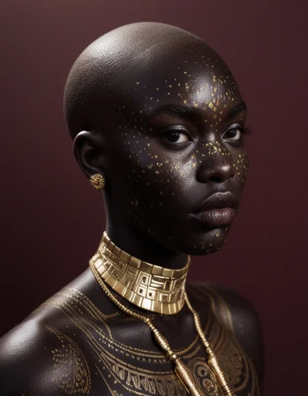 A striking dark-skinned woman, black skin, glistening gold on skin, neck, shoulders. shaved head, tribal patterns, minimalist gold face jewelry. Ultra-realistic texture, high contrast, Burgundy background, hyper-detailed skin, covering privates,
(ultra realistic, absurdres, best quality, very aesthetic, high quality), skin details, 4k, cinematic,
<lora:ebony_v2:1>