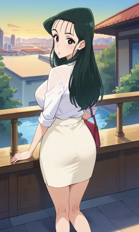(1girl:1.3), (score_9, score_8_up, score_7_up, score_6_up, score_5_up, score_4_up), (source_anime), rating_questionable, (cowboy shot:1.3), <lora:ohara_nanako_v6:1> (ohara-nanako, black eyes, green hair, long hair, slicked back hair, forehead), (large breasts),  outdoors, white shirt, skirt, handbag, looking at viewer, (knees together:1.3),  midnight, balcony, open terrace, (looking at viewer, looking back, from behind:1.5), ashamed