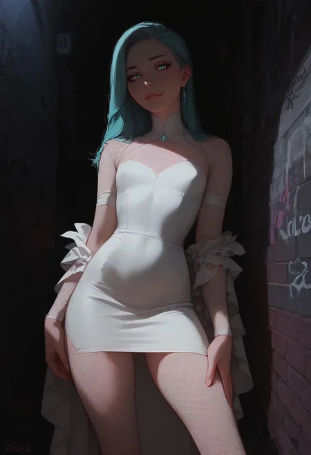 score_9,score_8_up,score_8,score_9,(((pastel colors, high contrast,expressiveh,solo focus, )))((aqua eyes,dark aqua hair,naughty face, straight hair, pale skin,white dress, tight dress,slit dress, thighs,fishnets)) (1girl, small chest, petite, detailed eyes, looking at viewer,standing, posing)alley. graffiti, night, night sky