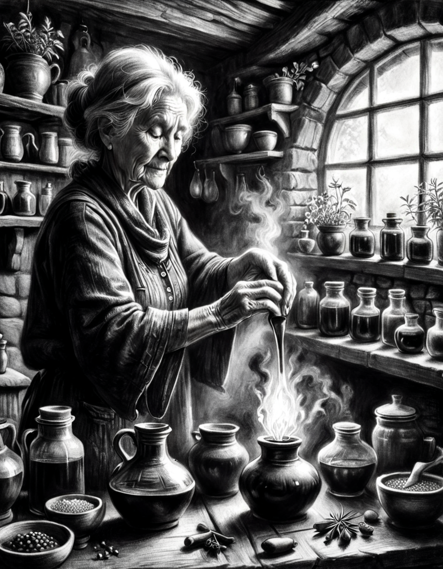 ((black and white charcoal drawing)), Elderly woman making herbal potions in a herbal cottage , <lora:Charcoal2.0:0.75>, black and white, breathtaking charcoal illustration, highly detailed, 4k, (textured paper), charcoal texture