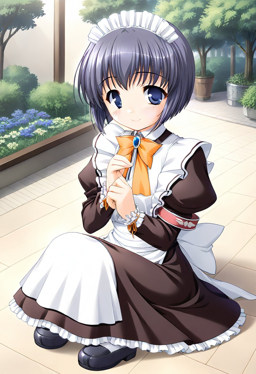 score_9,score_8_up,score_7_up,masterpiece,best quality,absurdres,source_anime,game cg,zPDXL3,rating_safe,1girl,solo,mia clementis,blue eyes,purple hair,blue hair,short hair,maid,maid headdress,long sleeves,puffy sleeves,juliet sleeves,armband,bow,orange bow,bowtie,brooch,jewelry,ribbon,frills,apron,maid apron,white apron,skirt,petticoat,pantyhose,white pantyhose,shoes,black footwear,mary janes,outdoors,garden,smile