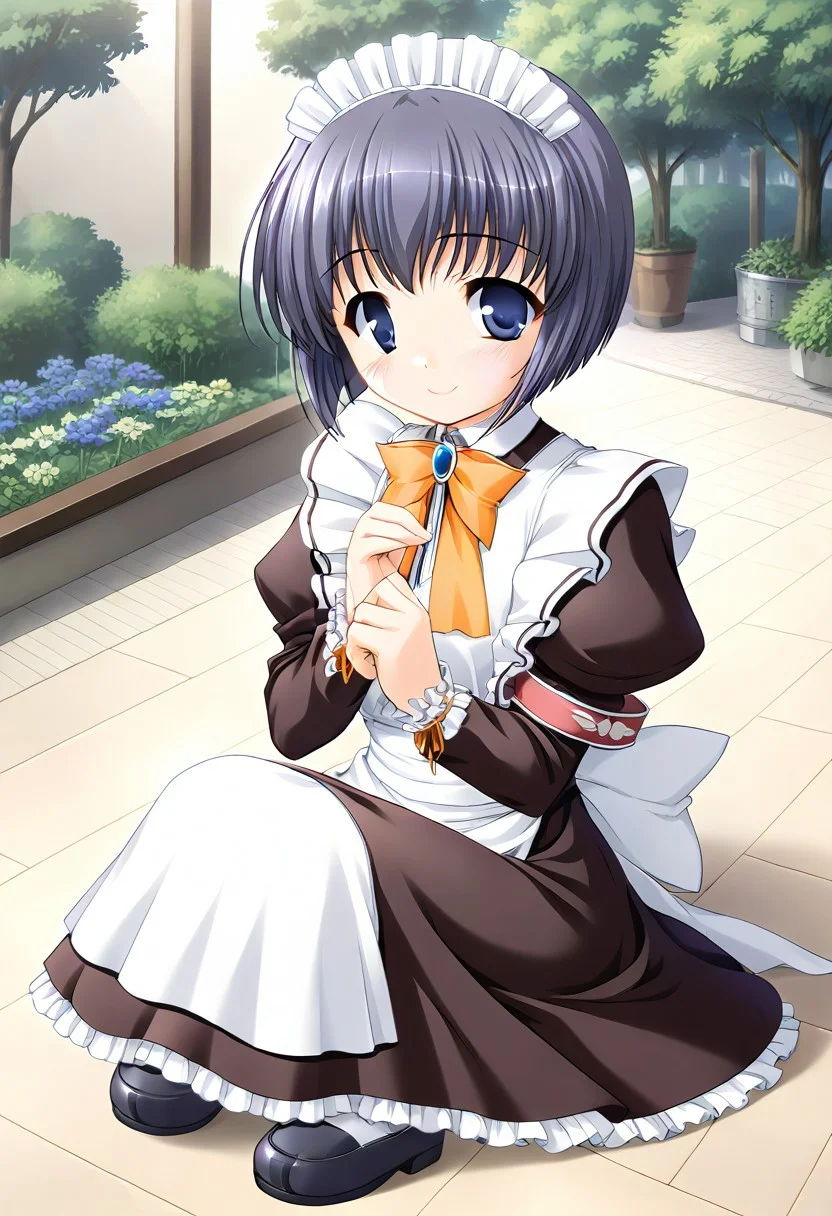 score_9,score_8_up,score_7_up,masterpiece,best quality,absurdres,source_anime,game cg,zPDXL3,rating_safe,1girl,solo,mia clementis,blue eyes,purple hair,blue hair,short hair,maid,maid headdress,long sleeves,puffy sleeves,juliet sleeves,armband,bow,orange bow,bowtie,brooch,jewelry,ribbon,frills,apron,maid apron,white apron,skirt,petticoat,pantyhose,white pantyhose,shoes,black footwear,mary janes,outdoors,garden,smile