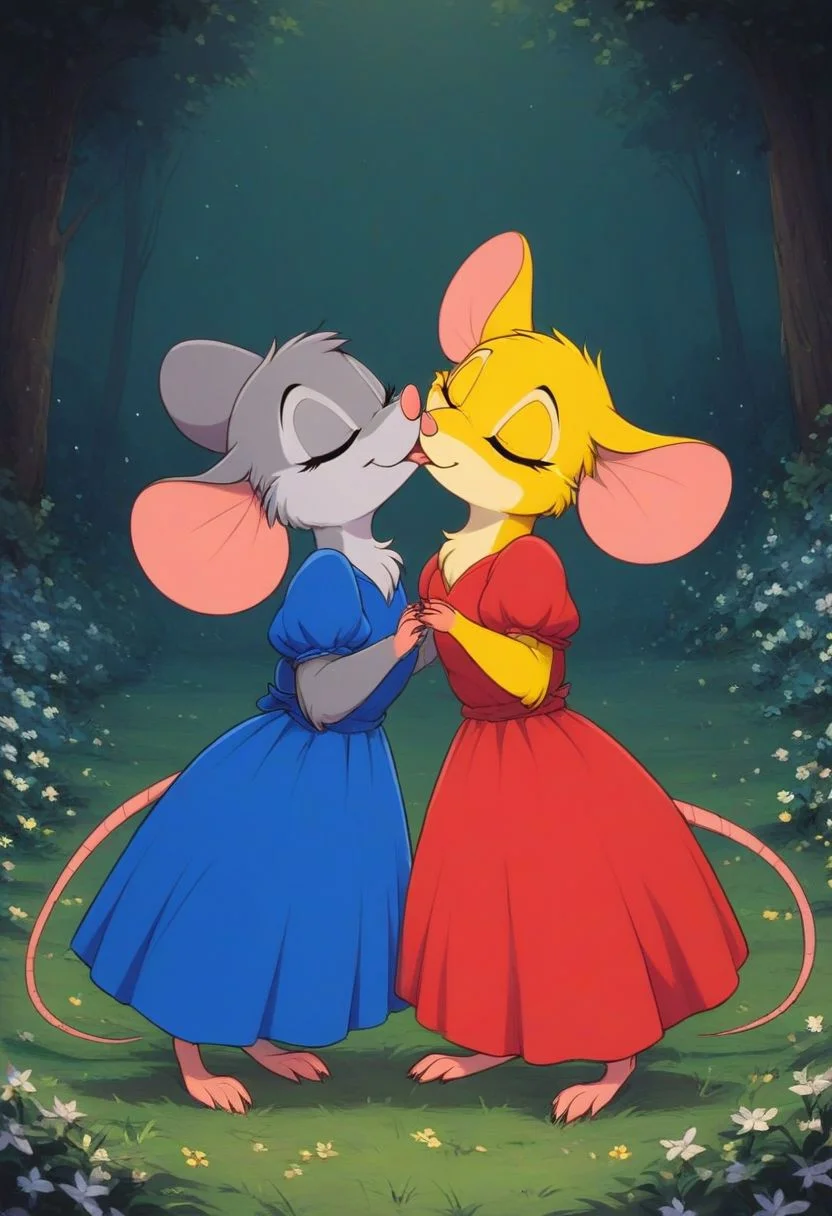 score_9, score_8_up, score_8, duo, (fluffy:0.8), (feral:1.5), field, furry, (((mouse))), chest, claws, (fluffy cheeks:0.7), (duo:2), j_cartoon, (portrait:1.5), cute, hug, french kiss, kiss, side view, romantic
BREAK
female, eyes closed, (gray fur:1.2), (blue dress),
BREAK
female eyes closed, yellow fur, (red dress),