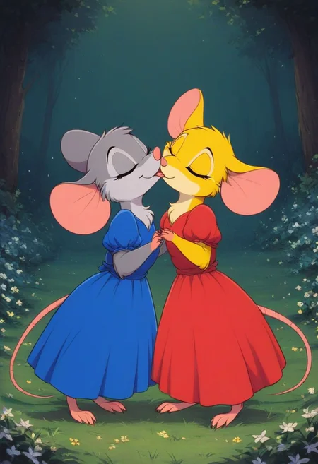 score_9, score_8_up, score_8, duo, (fluffy:0.8), (feral:1.5), field, furry, (((mouse))), chest, claws, (fluffy cheeks:0.7), (duo:2), j_cartoon, (portrait:1.5), cute, hug, french kiss, kiss, side view, romantic
BREAK
female, eyes closed, (gray fur:1.2), (blue dress),
BREAK
female eyes closed, yellow fur, (red dress),