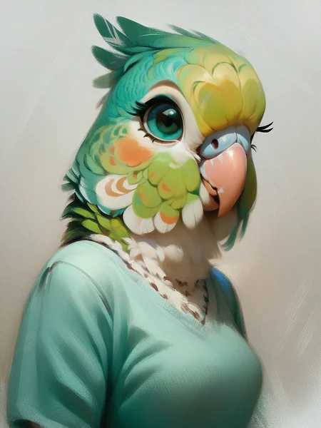 score_9, score_8_up, score_7_up, score_6_up,fscore_9, score_8_up, score_7_up, anthro , parakeet, marker \(artwork\), portrait, cute, green feathers, <lora:Anthro_birds_for_pony_-_2:1>