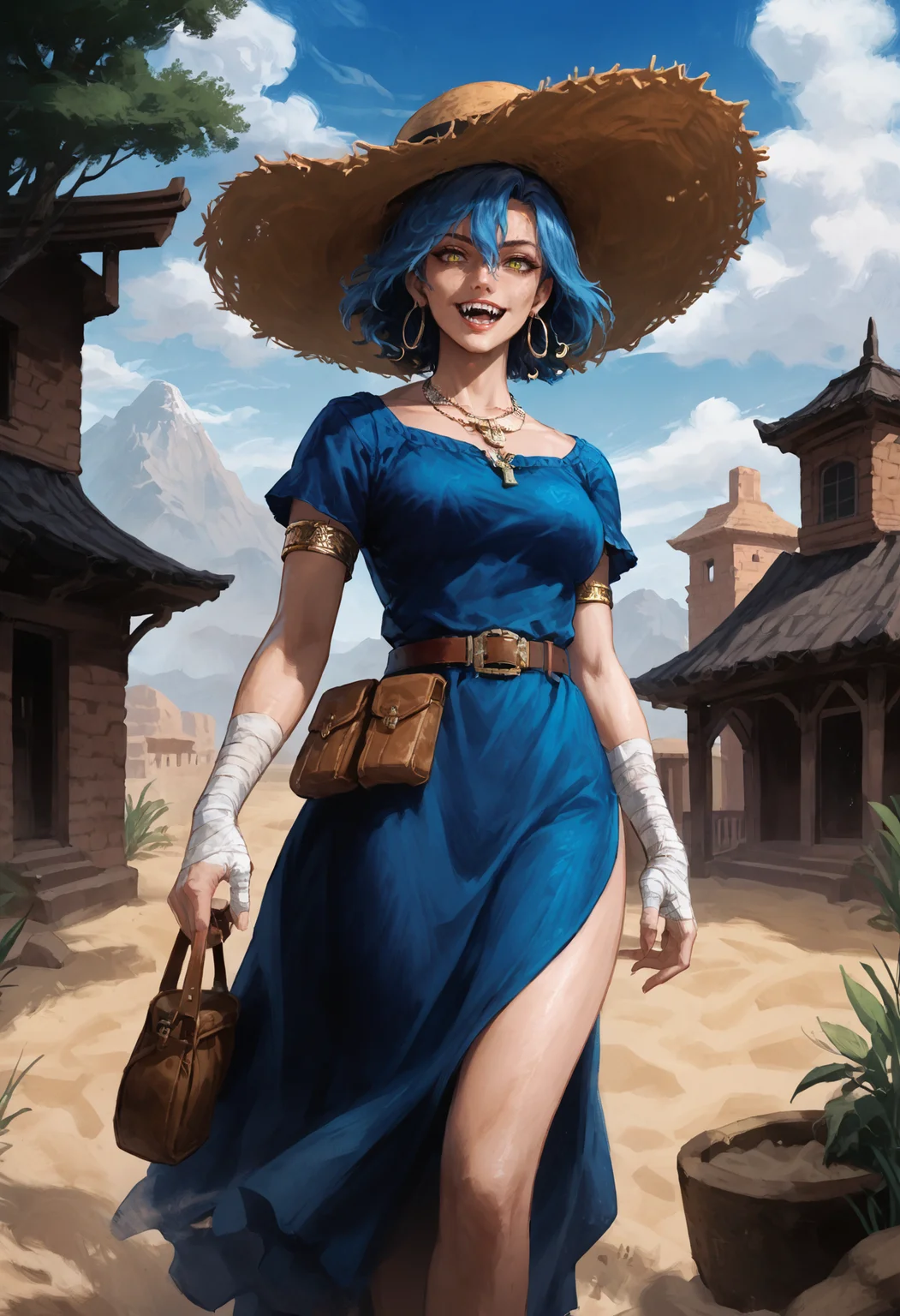 score_9, score_8_up, score_7_up, score_6_up, score_5_up, score_4_up,
<lora:FantasyPaintingsPonyXL:1> pa1nt1ng,
1girl, solo, looking at viewer, smile, open mouth, short hair, dress, hat, hair between eyes, jewelry, green eyes, blue hair, yellow eyes, short sleeves, outdoors, earrings, teeth, sky, day, medium hair, belt, cloud, necklace, bag, grin, blue sky, tree, blue dress, animal, fangs, bandages, sharp teeth, slit pupils, building, armlet, pouch, sun hat, bandaged arm, hoop earrings, mountain, sand, straw hat, chinese zodiac, riding, architecture, house, belt pouch, tiger, year of the tiger, desert, arm wrap, tooth necklace
