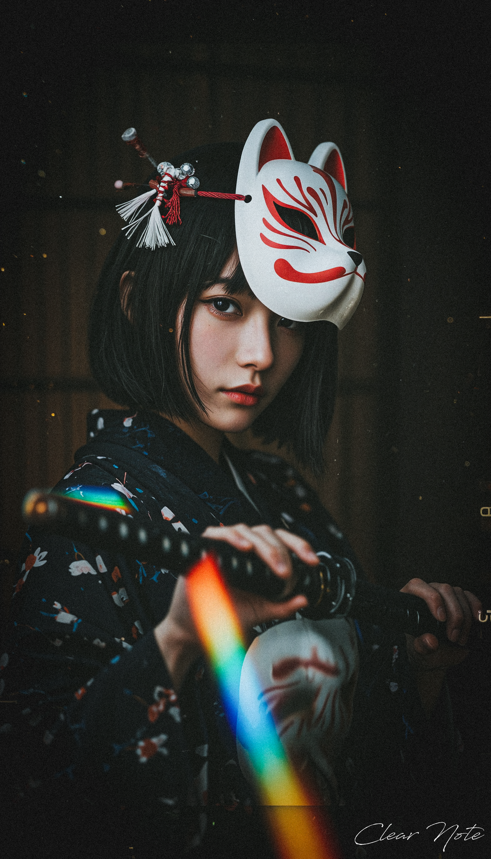 Japanese Culture Style, Emotional Photos, 35mm film, Young Japanese Woman, Reflection of light, Wearing a fox mask, Hold the katana
