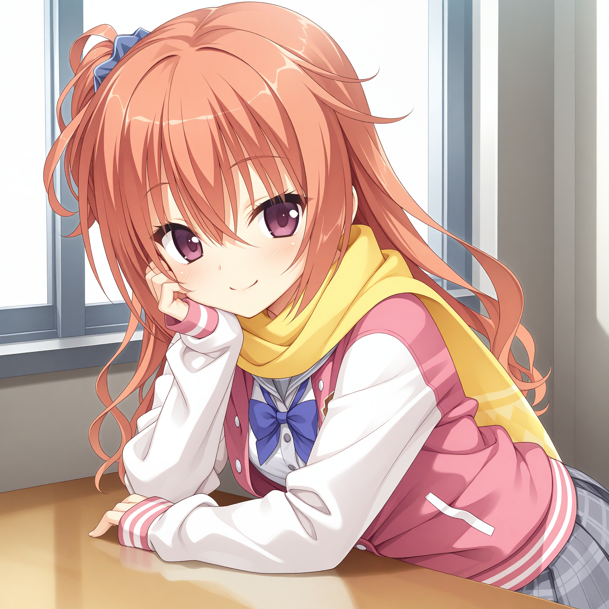 <lora:Inaba_Meguru_1_nai-000044:1>,Inaba Meguru,
one side up,side ponytail,hair scrunchie,blue scrunchie,school uniform,miniskirt,letterman jacket,pleated skirt,grey skirt,pink jacket,plaid skirt,long sleeves,white sleeves,buttons,white shirt,two-tone jacket,open jacket,blue bowtie,yellow scarf,
1girl,solo,smile,indoors,looking at viewer,arms on table,front view,arm support,hand on own face,head rest,