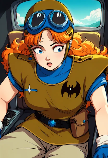 score_9, score_8_up, score_7_up, score_6_up, source_anime, <lora:DBExtraGirl02Pa:0.9>, DBExtraGirl02Pa, blue eyes, long hair, orange hair, curly hair, red eyeshadow, large breasts,
brown armor, blue undershirt, blue gloves, helmet, goggles on headwear, beige pants, blue boots, black belt, belt pouch,
sitting, looking away, close-up, surprised, open cockpit,