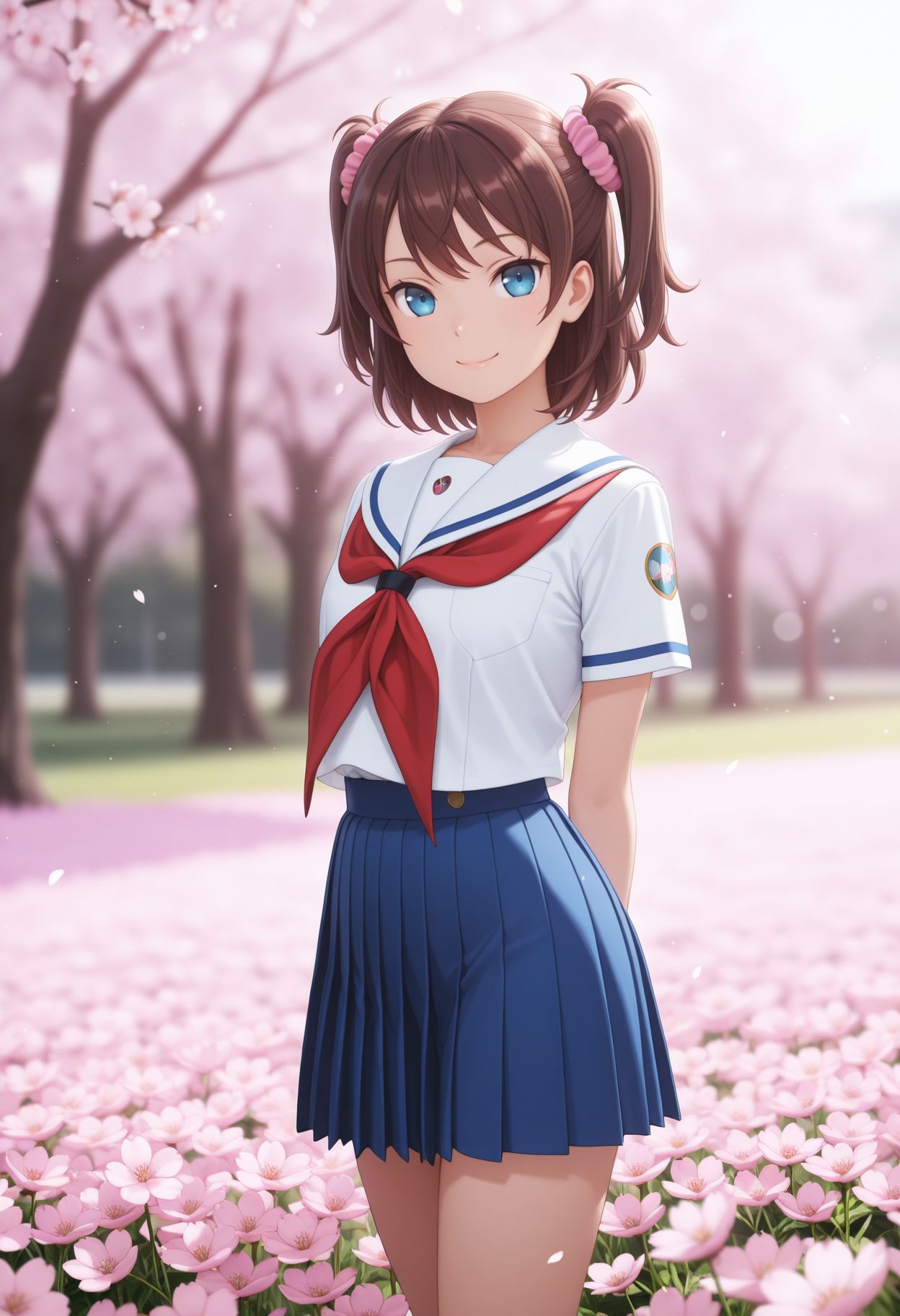 masterpiece,best quality,absurdres,highres,very aesthetic,high quality,detailed,insanely detailed,beautiful,perfect lighting, ,depth of field,blurry background,bokeh, looking at viewer, outdoors,cherry blossoms,standing,cowboy shot, smile,arms behind back, flower field,
 <lora:Ogasawara Hikari llu:1> 1girl, brown hair, blue eyes, two side up, short hair, scrunchie, hair ornament, school uniform, serafuku, short sleeves, red neckerchief, pleated skirt, blue skirt, hair scrunchie, pink scrunchie, white shirt, white sailor collar