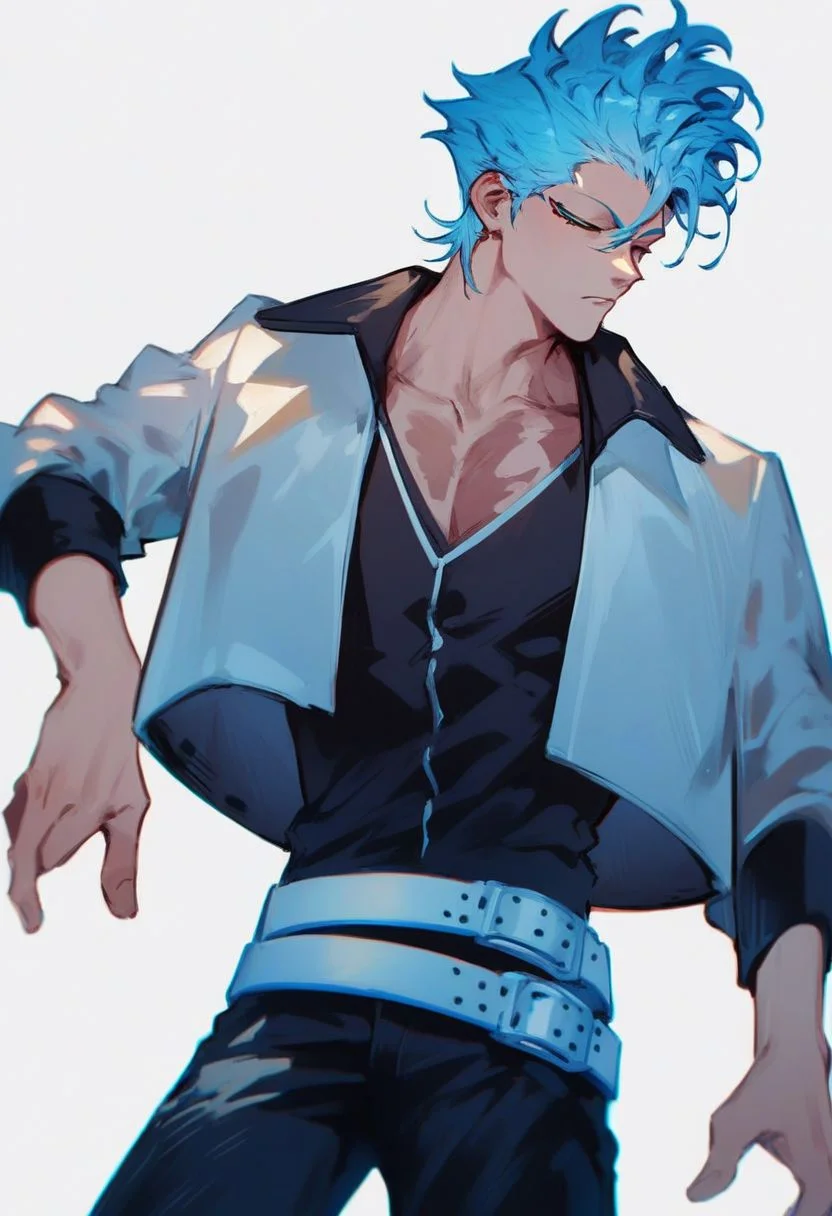 Grimmjow, blue hair and eyes, white crop jacket, black shirt, black pants, white belt, score_9, score_8_up, score_7_up, source_anime,