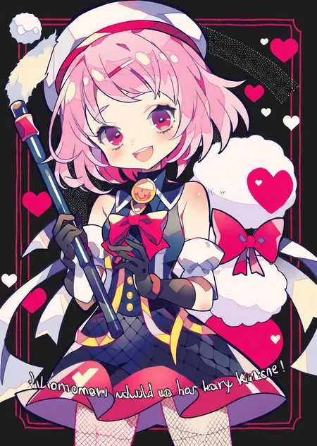 1girl, solo, holding, fishnets, pink hair, fishnet pantyhose, gloves, hair ornament, pantyhose, pink eyes, smile, medium hair, black gloves, open mouth, bangs, black background, detached sleeves, hat, hairclip
best quality, masterpiece,
anime anime screencap, pixiv request,
(by yumenouchi)