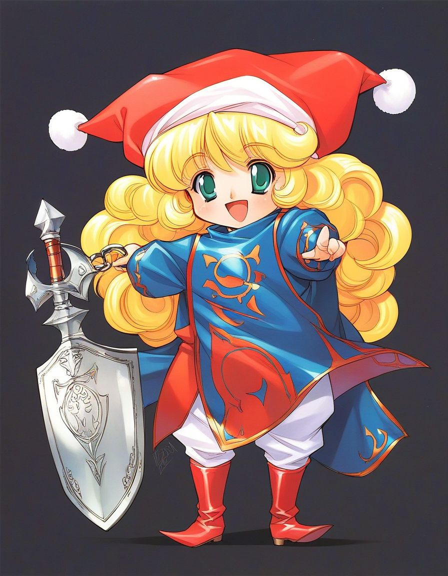 score_9, score_8_up, score_7_up, source_anime, rating_explicit, BREAK  <lora:Charlotte_seiken_densetsu3_XL:1>
Charlotte_seiken, 1girl, solo, blonde hair, long hair, green eyes, shield, full body, chibi,
retro artstyle,  hat, open mouth, boots, smile, 1990s (style), holding, curly hair, weapon,